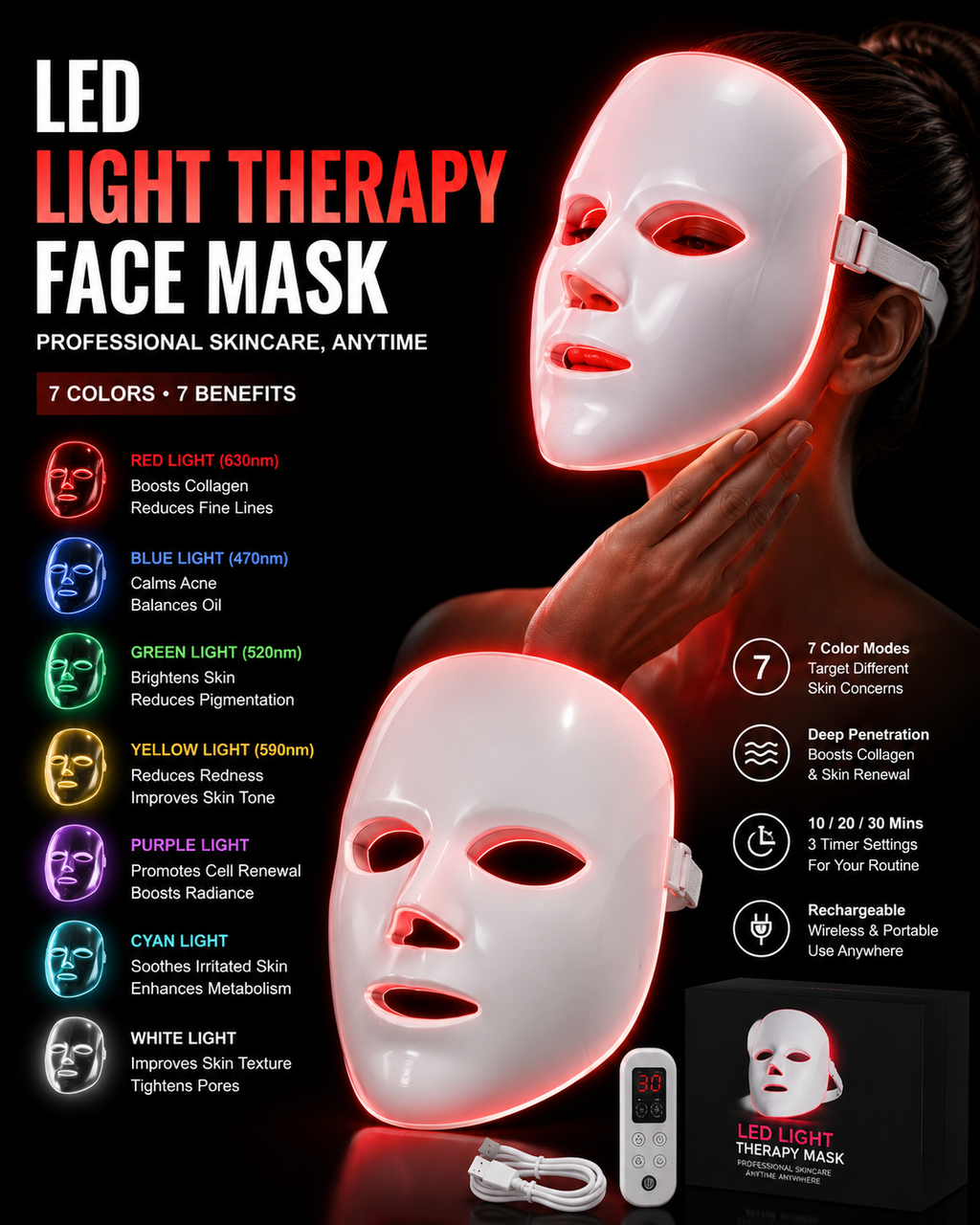 Restore Lab 7-Color LED Red Light Therapy Mask — Rechargeable Photon Skincare Device