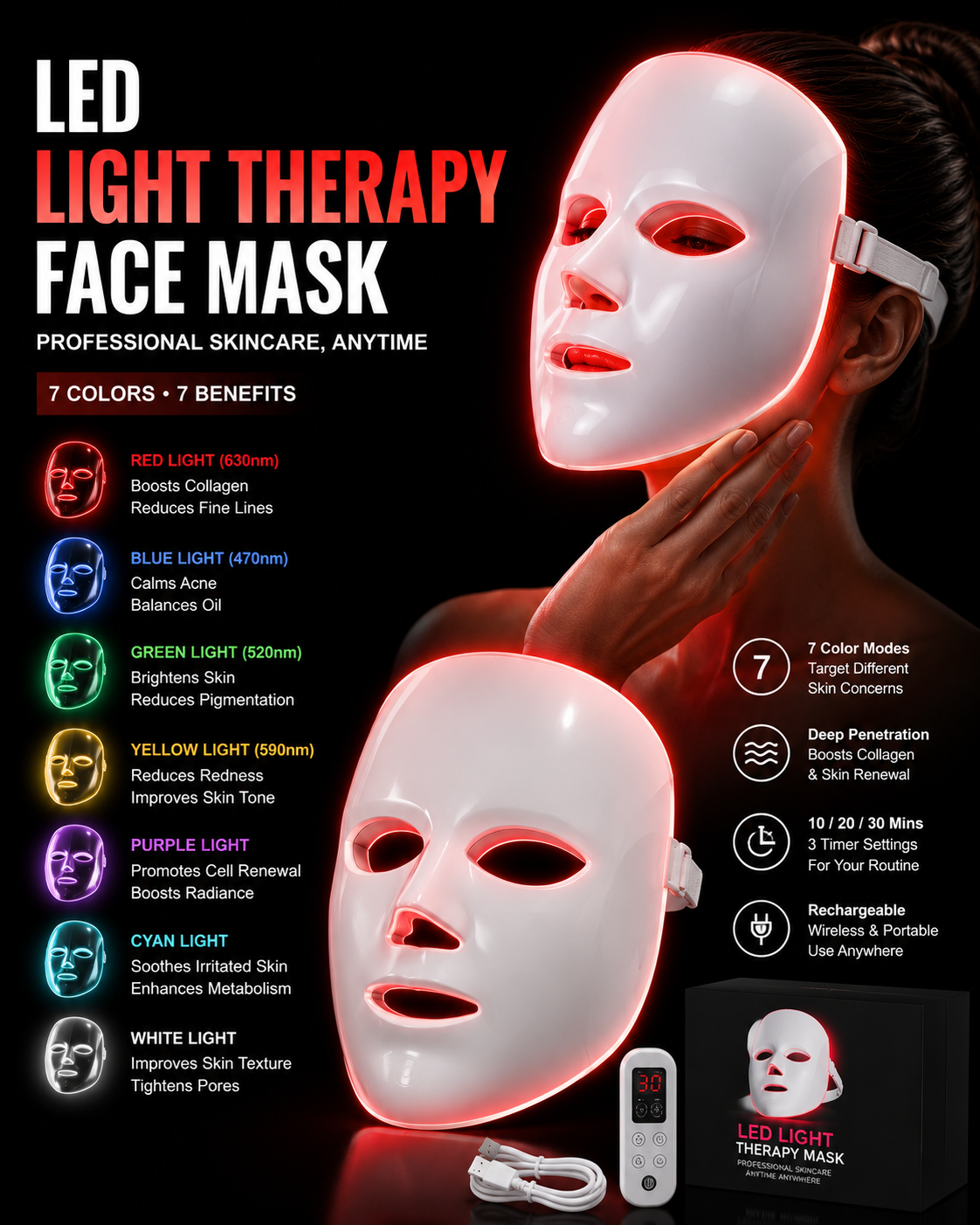 Restore Lab 7-Color LED Red Light Therapy Mask — Rechargeable Photon Skincare Device